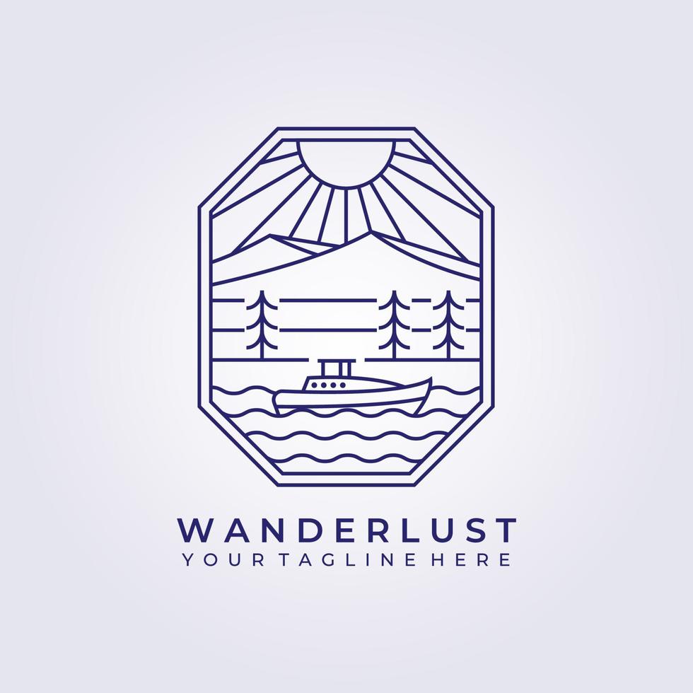 wanderlust sail boat adventure logo vector icon line art simple illustration design frame logo badge emblem natural outdoor