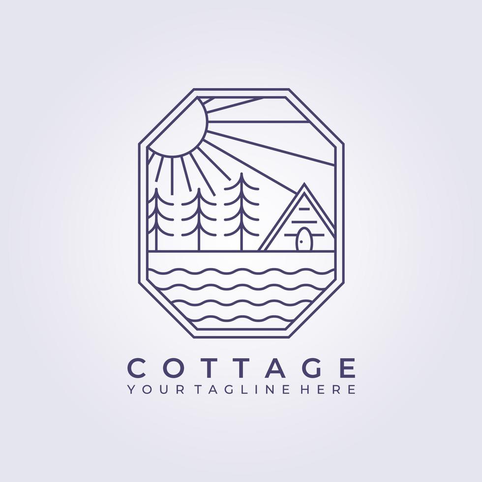 wooden cabin forest camp logo vector icon line art simple illustration design frame logo badge emblem cottage