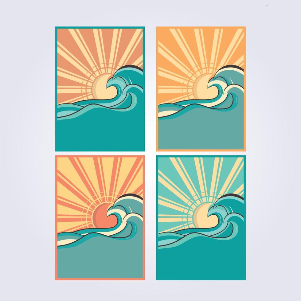 mar puesta de sol ola océano cartel icono logotipo símbolo pegatina pancarta ilustración vintage retro paisaje marina gran vector