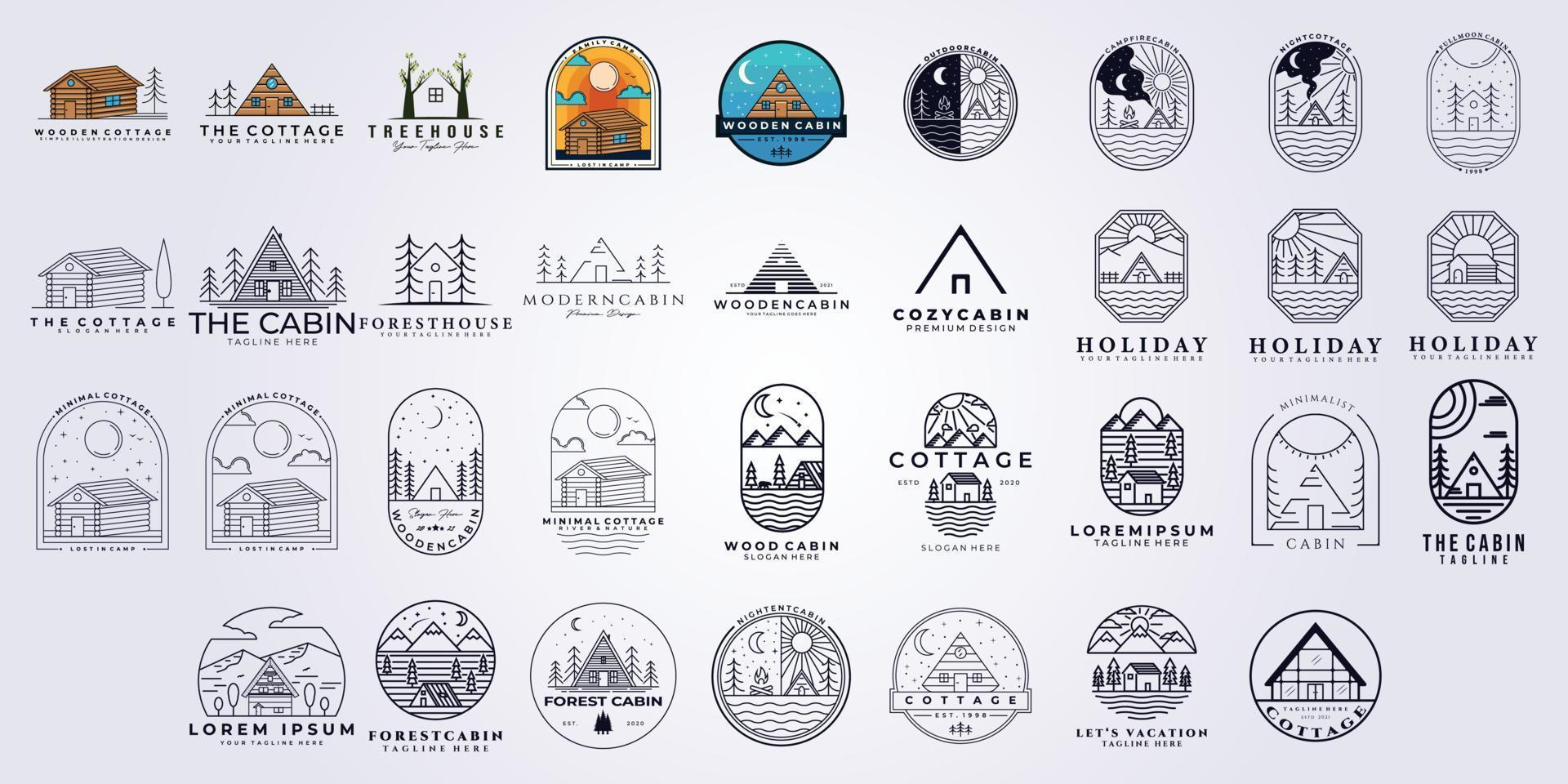 set bundle cabin cottage logo vector illustration design, line art style