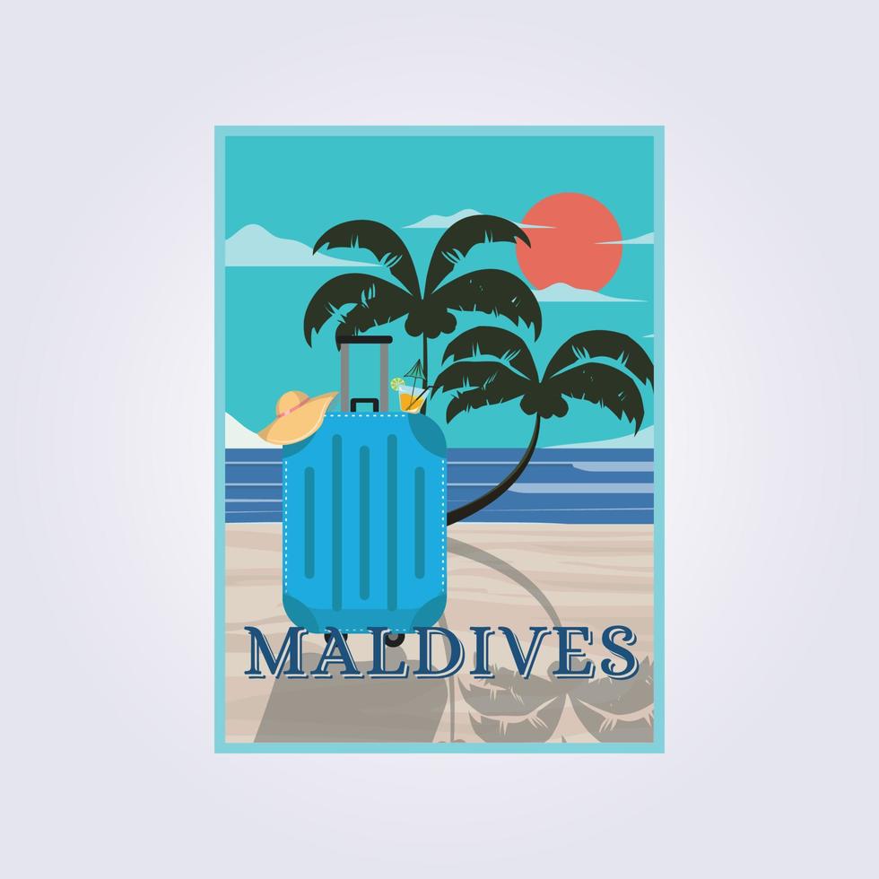 viaje retro vintage poster playa viaje, maleta y palmera vector poster logo ilustración diseño plantilla fondo