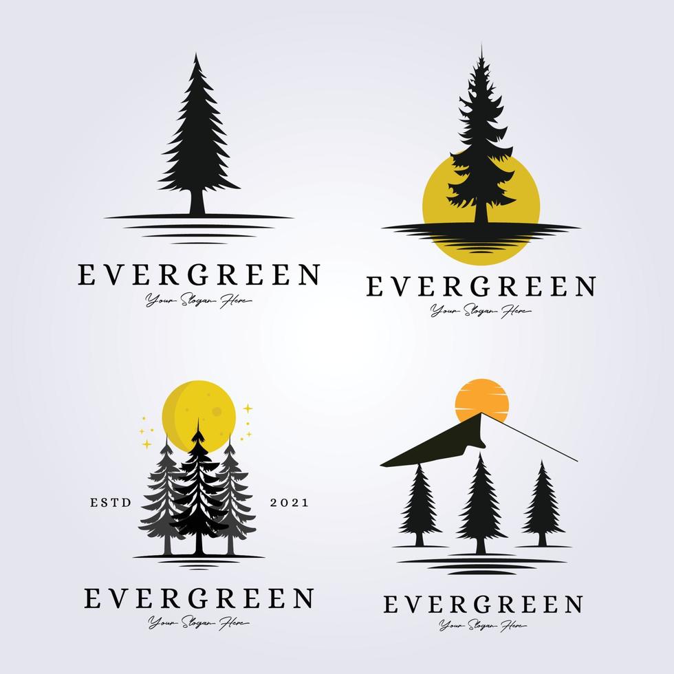conjunto y paquete de árboles de hoja perenne, bosque, bosque de aventuras logo lago riverside creekside vector ilustración silueta vintage símbolo diseño paquete colección
