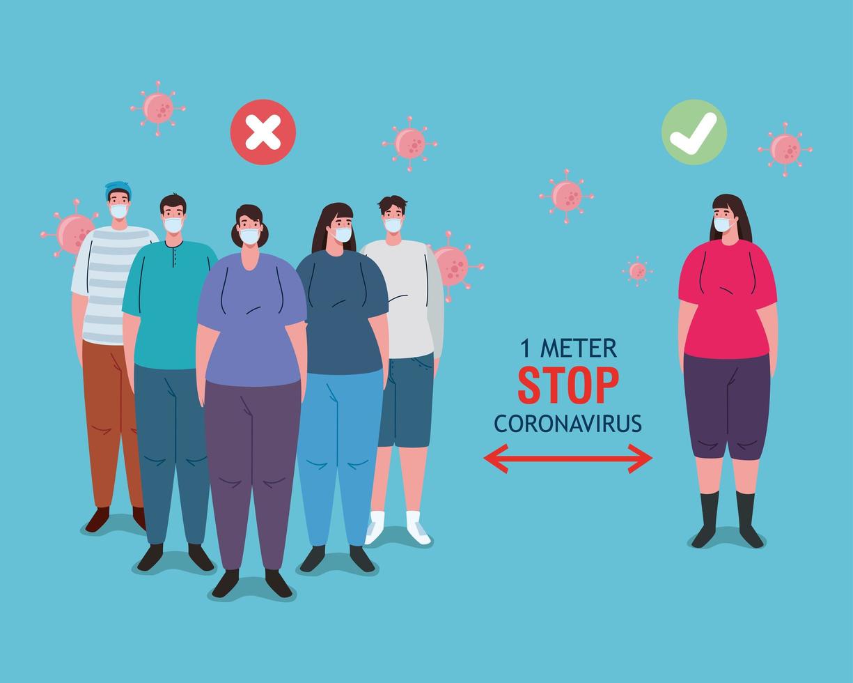 social distancing done in the wrong and correct way, people keeping safe distance, prevention coronavirus covid 19 vector