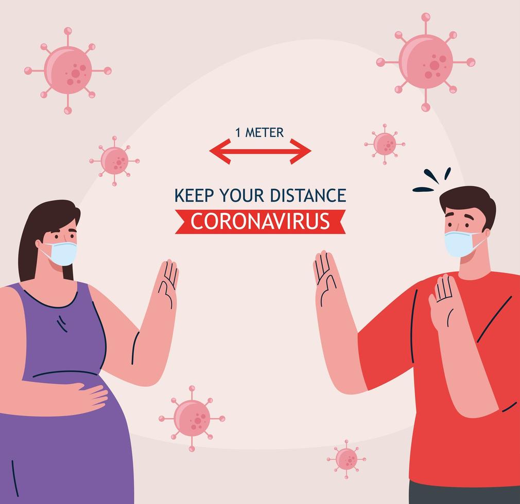social distancing, stop coronavirus one meter distance, keep distance in public society to people protect from covid 19, couple wearing medical mask against coronavirus vector