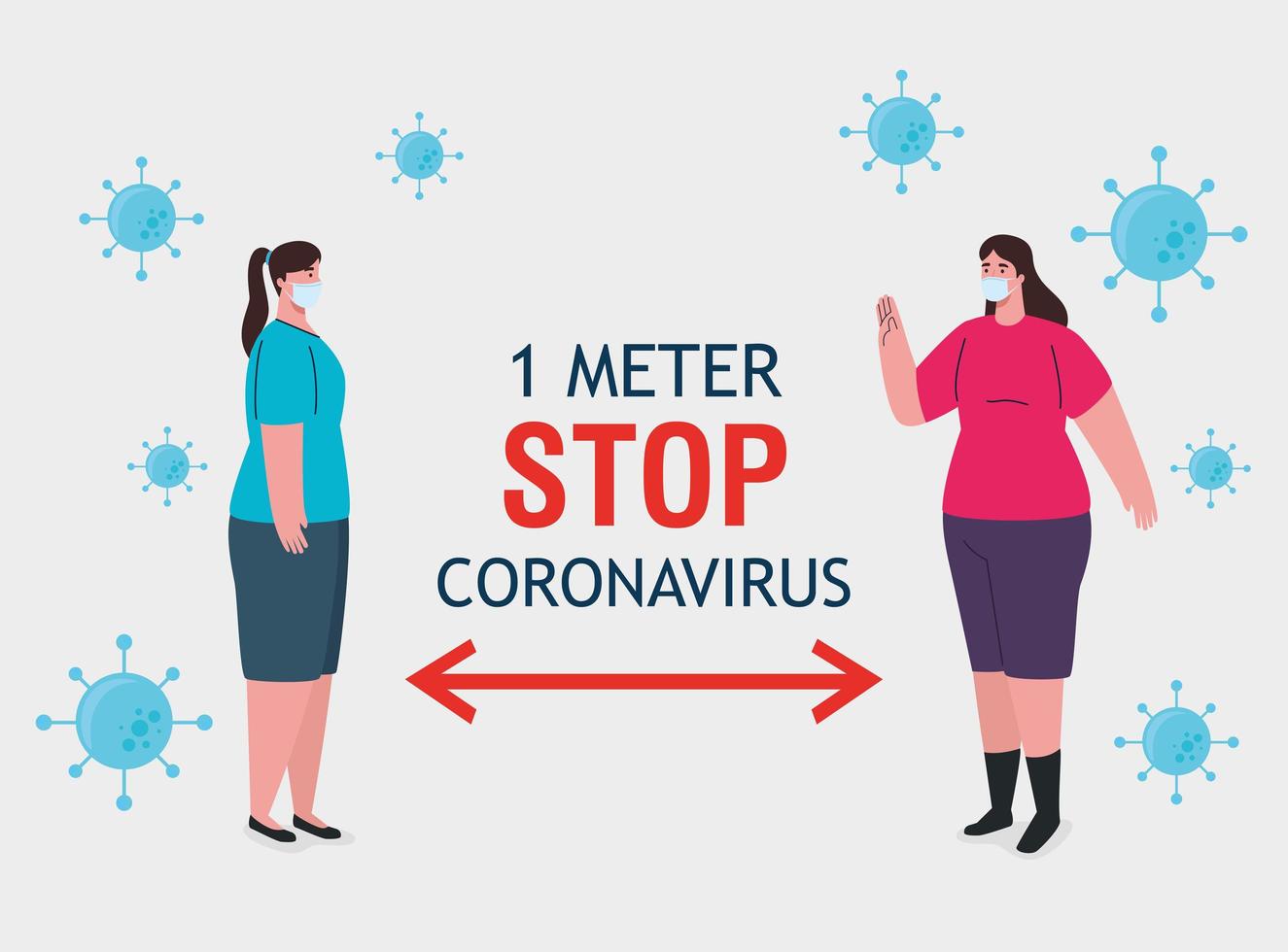 social distancing, stop coronavirus one meter distance, keep distance in public society to people protect from covid 19, women wearing medical mask against coronavirus vector