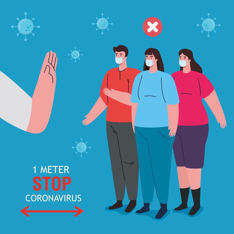 social distancing, stop coronavirus one meter distance, keep distance in public society to people protect from covid 19, people wearing medical mask against coronavirus vector