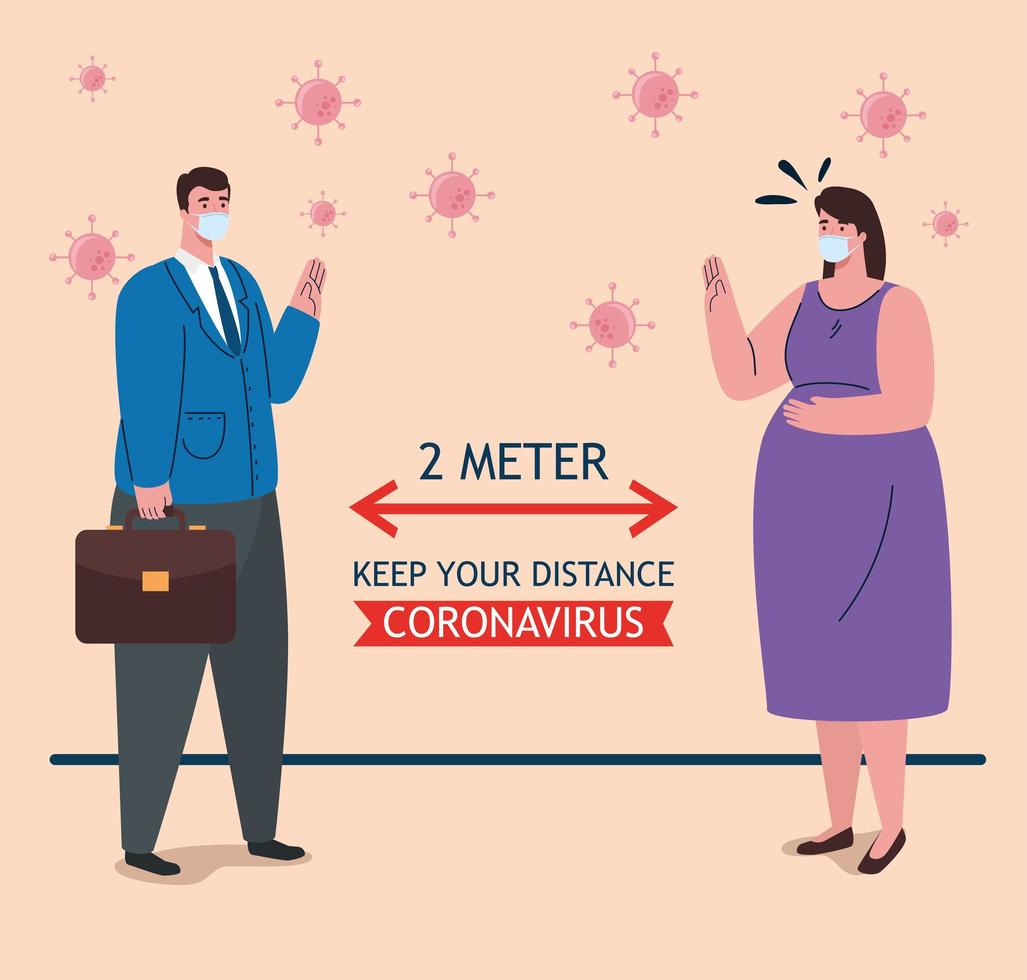 social distancing, stop coronavirus two meter distance, keep distance in public society to people protect from covid 19, couple wearing medical mask against coronavirus vector