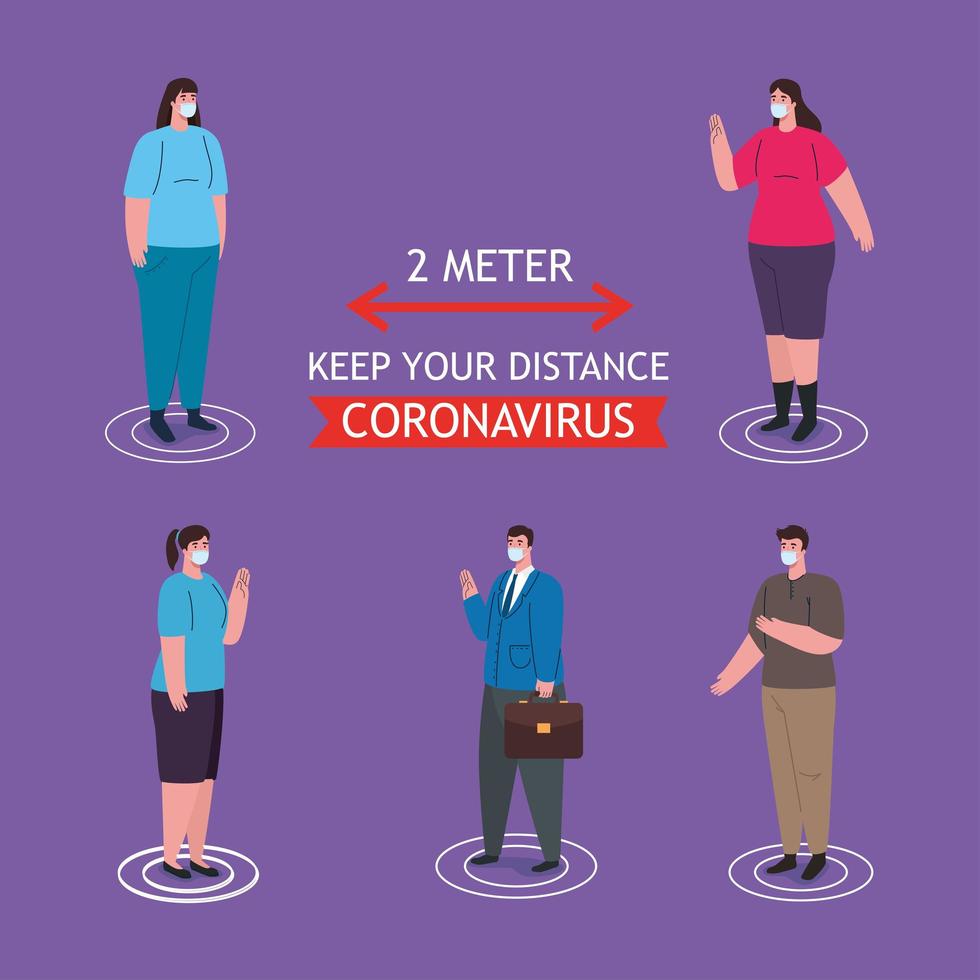 distanciamiento social, detener el coronavirus a dos metros de distancia, mantener la distancia en la sociedad pública para proteger a las personas del covid 19, personas que usan máscara médica contra el coronavirus vector