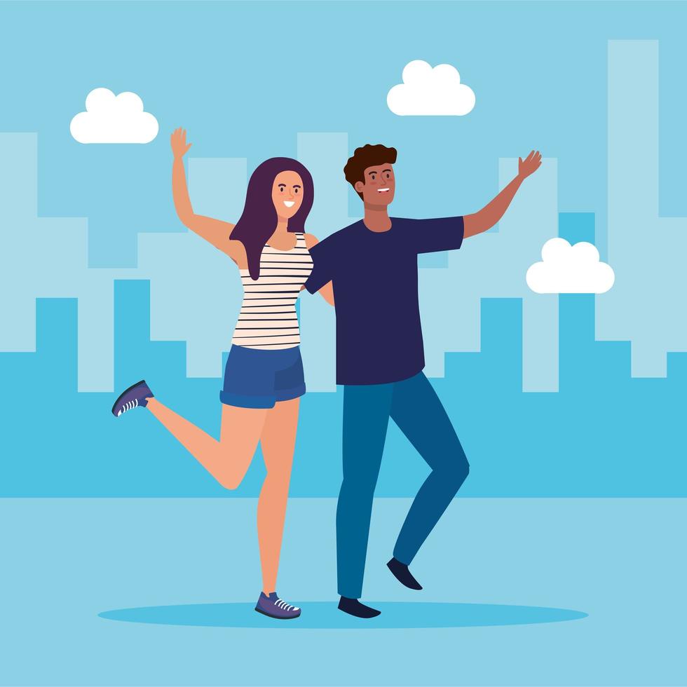 happy characters, young woman with man, friendship excitement, cheerful laughing from happiness in cityscape vector