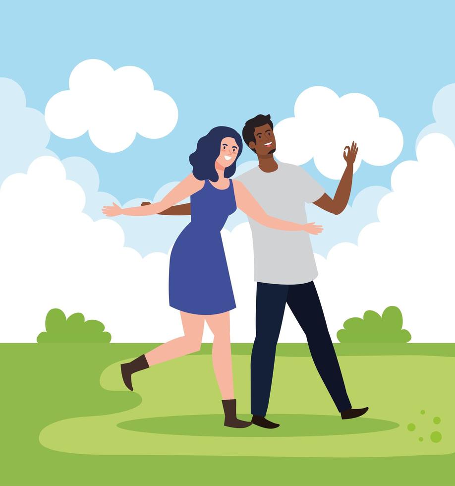 happy characters, young woman with man, friendship excitement, cheerful laughing from happiness in landscape vector
