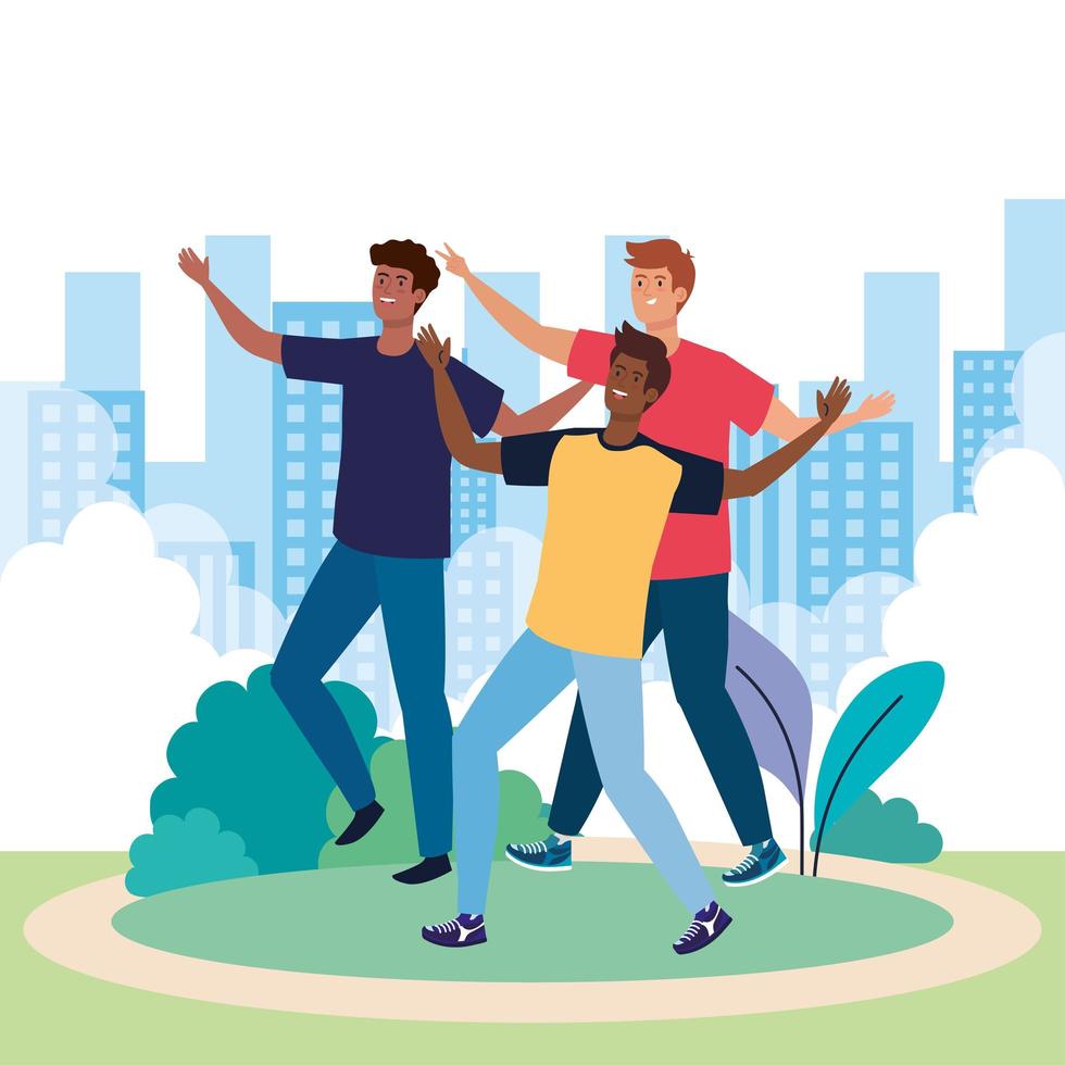 happy characters, young men group, friendship excitement, cheerful laughing from happiness in cityscape vector