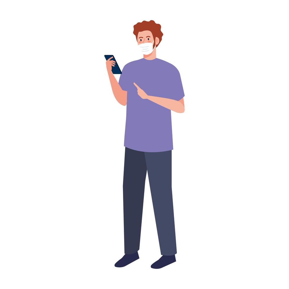 Man with medical mask holding smartphone vector design