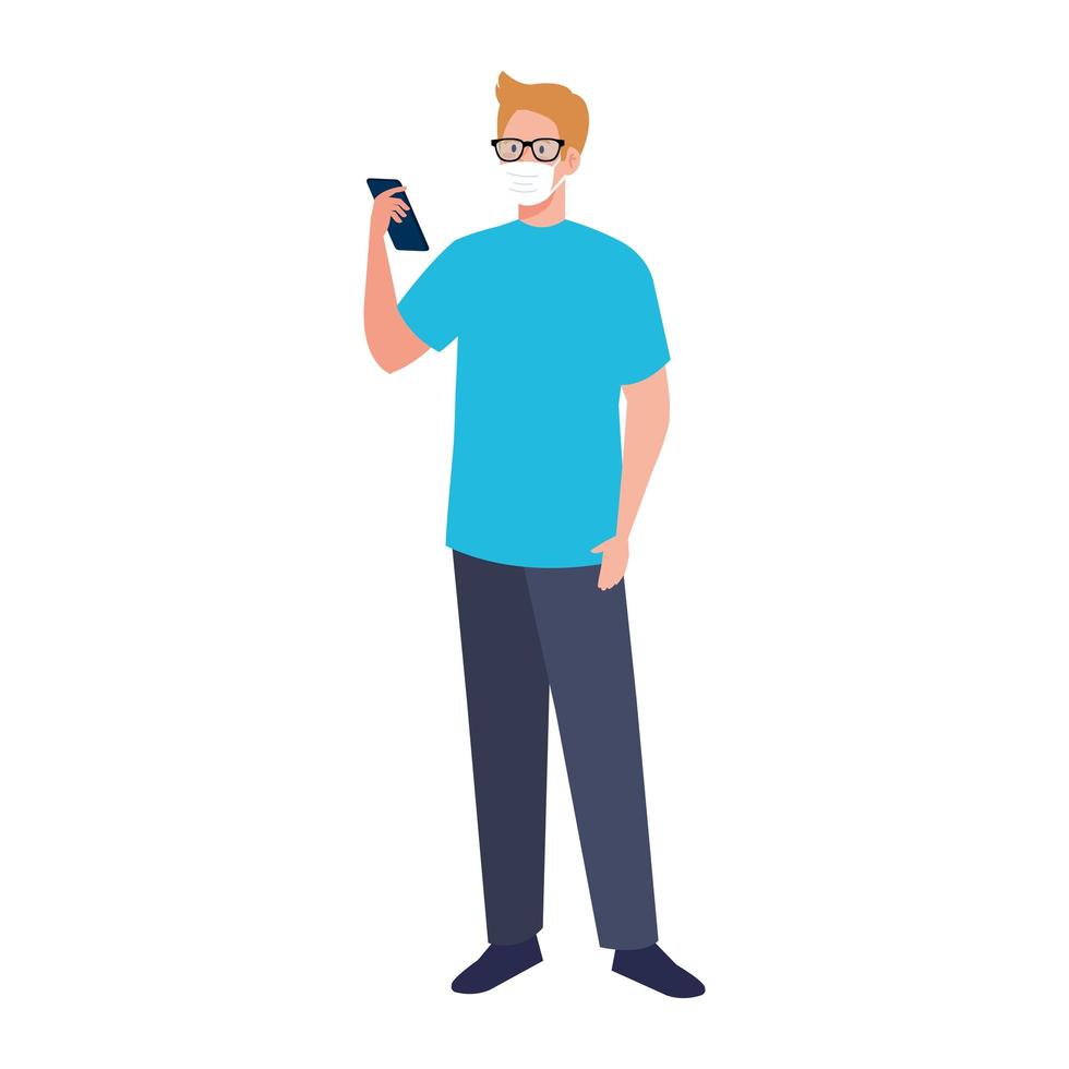 Man with medical mask holding smartphone vector design