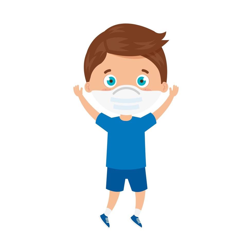 cute boy using face mask with hands up celebrating vector