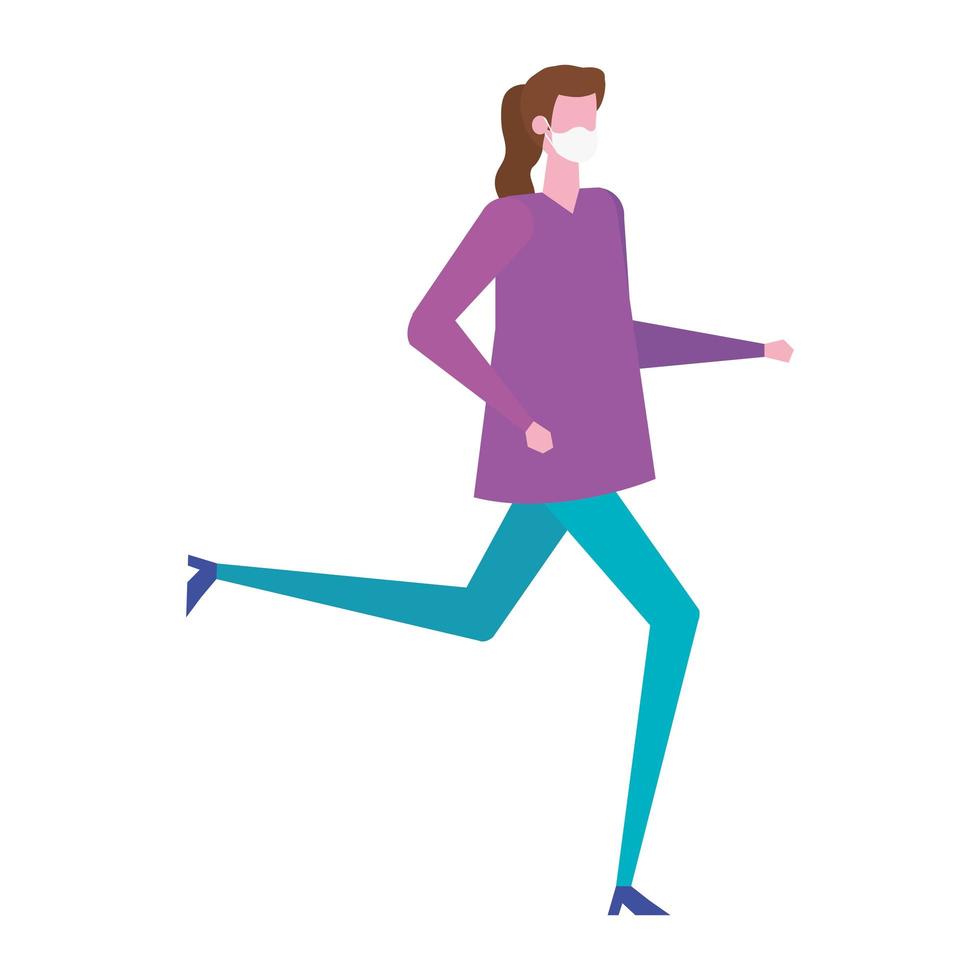 mujer joven corriendo usando máscara facial icono aislado vector