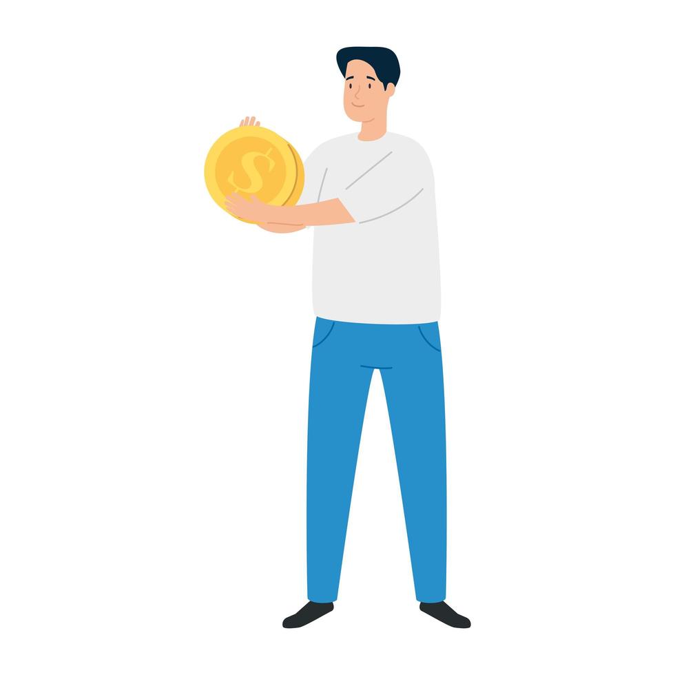 earning, saving and investing money, , young man with coin on white background vector