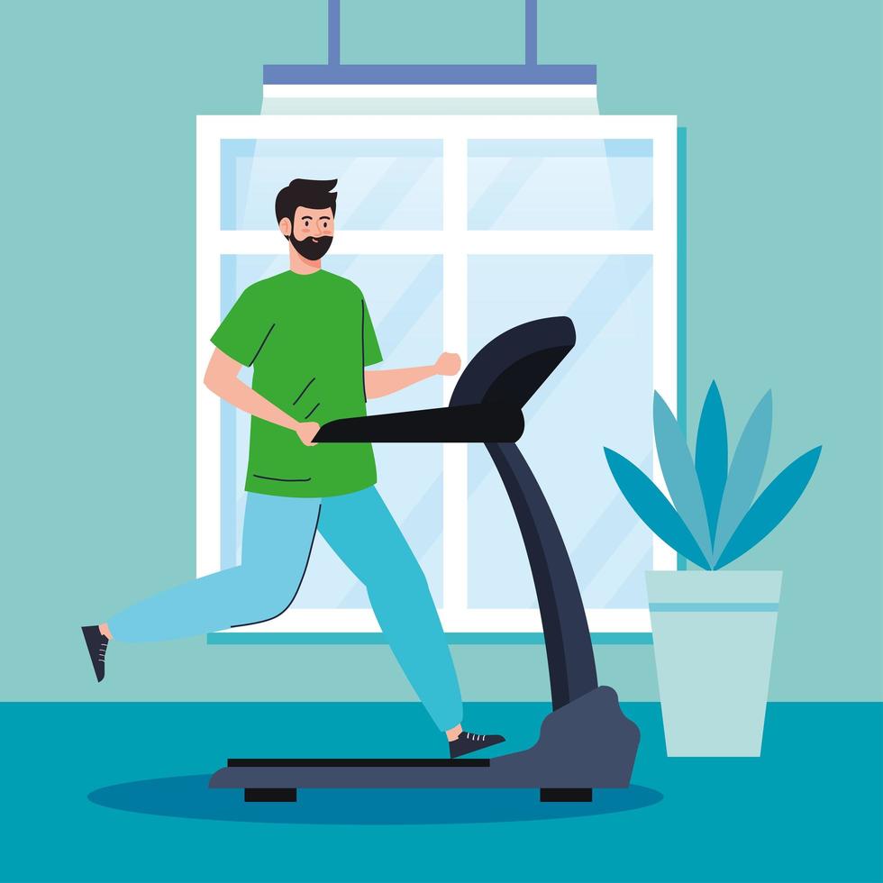 ejercicio en casa, hombre corriendo en cinta, usando la casa como gimnasio vector