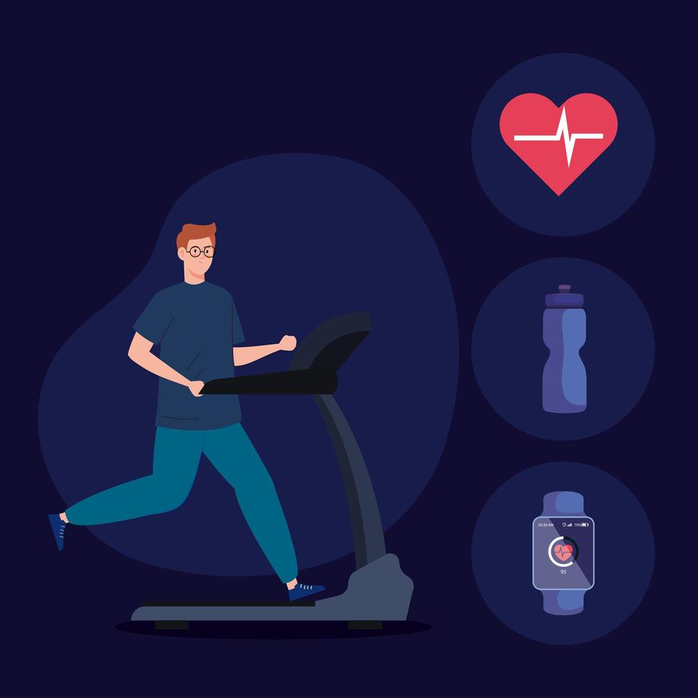 sport, man running on treadmill, sport person at the electrical training machine with sport icons vector
