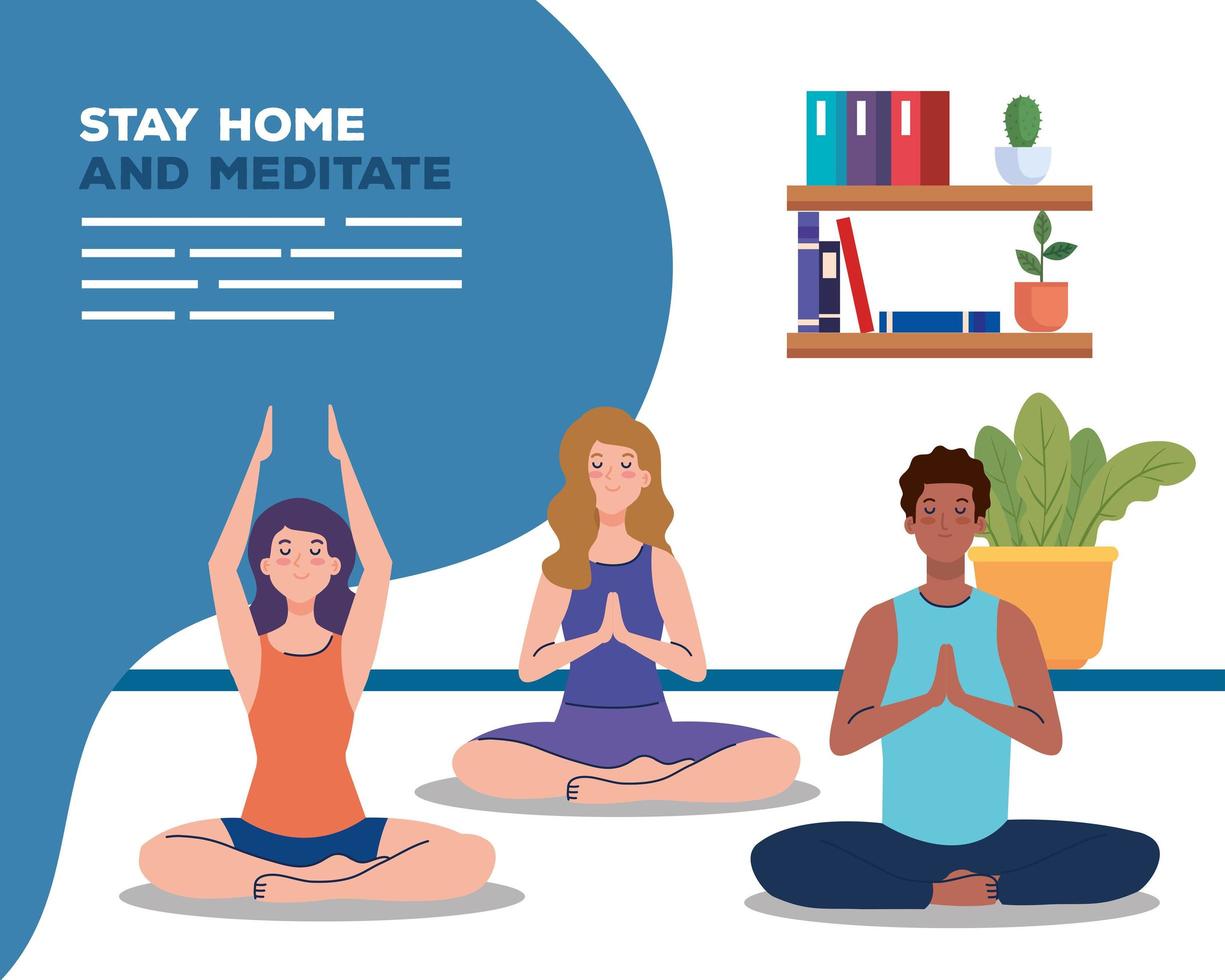 banner of stay home, be safe, people meditating, during coronavirus covid 19, stay at home quarantine, be careful vector