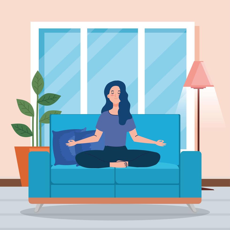 stay home, be safe, woman meditating in the living room, sitting in couch, during coronavirus covid 19, stay at home quarantine, be careful vector