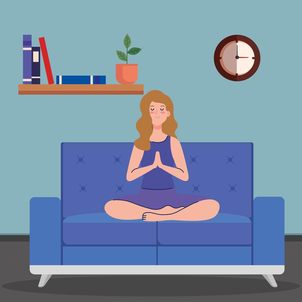 stay home, be safe, woman meditating in the living room, sitting in couch, during coronavirus covid 19, stay at home quarantine, be careful vector