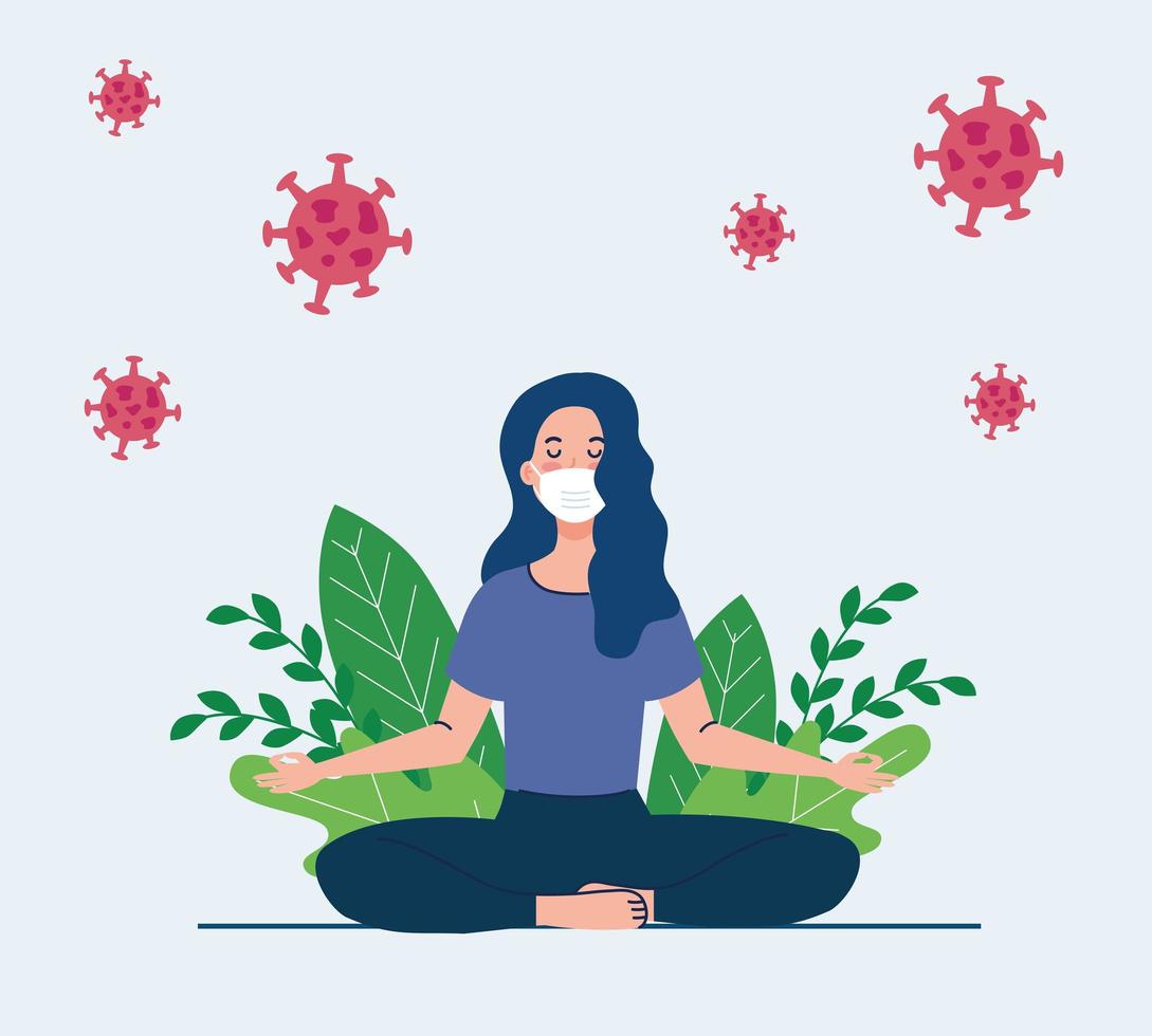 woman meditating wearing medical mask, concept for yoga, meditation, relax, healthy lifestyle in landscape, with cells covid 19 in the environment vector