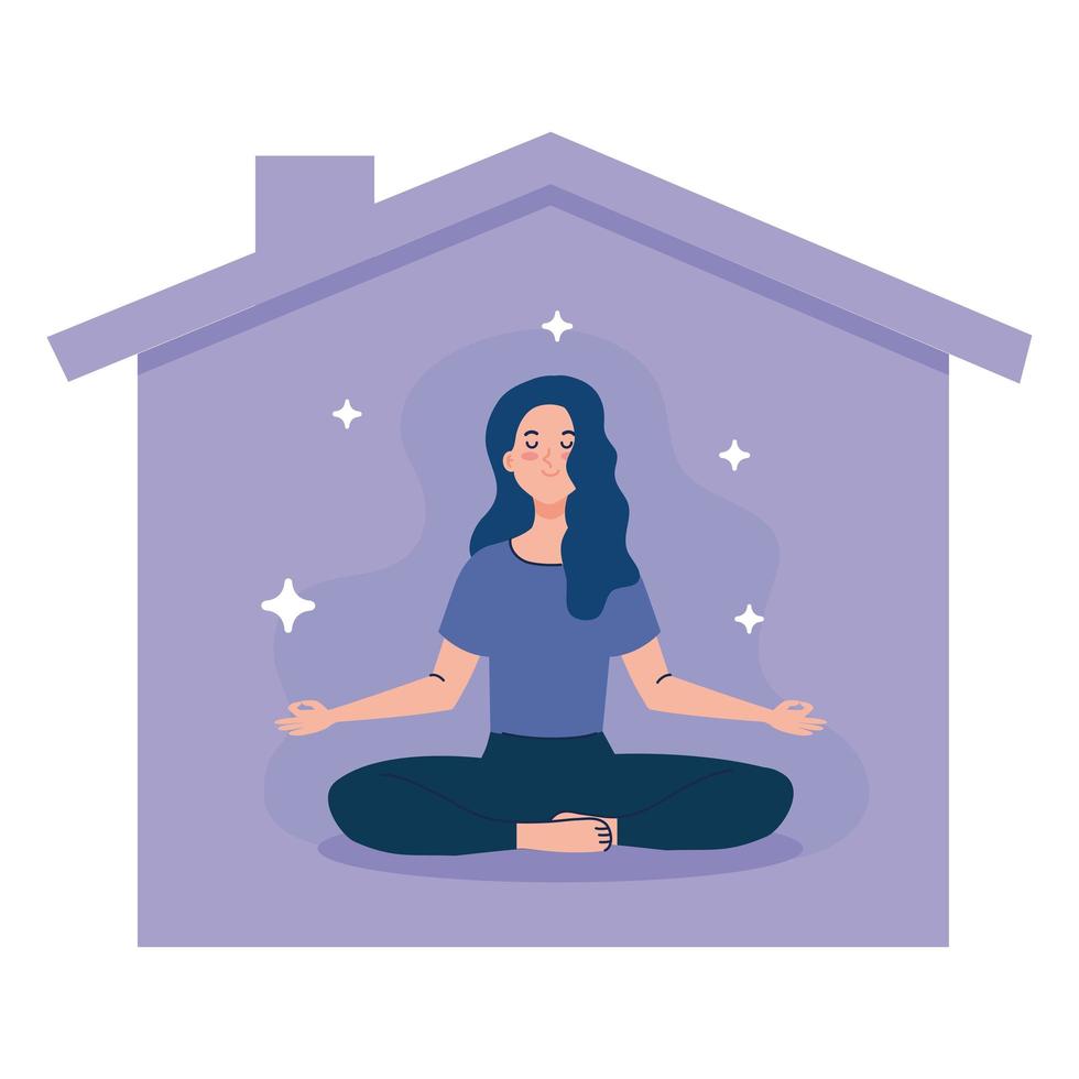 quédese en casa, manténgase seguro, mujer meditando y casa de fachada, durante el coronavirus covid 19, quédese en casa en cuarentena, tenga cuidado vector