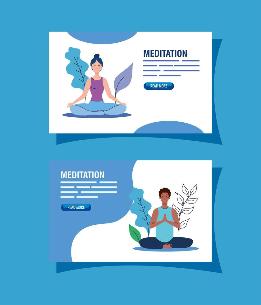 set banner of people meditating, concept for yoga, meditation, relax, healthy lifestyle in landscape vector