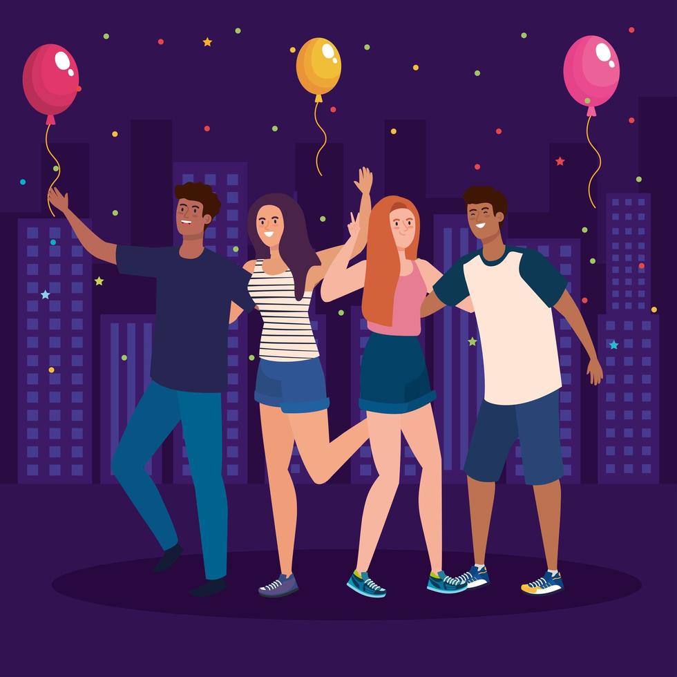 happy characters, young people, friendship excitement, cheerful laughing from happiness in cityscape with balloons helium vector