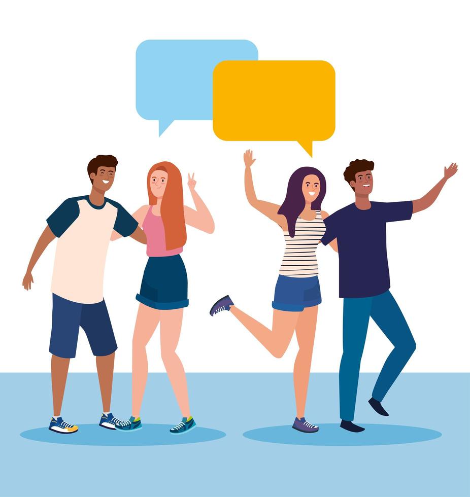 happy characters, young people talking, friendship excitement, cheerful laughing from happiness, with speech bubbles vector