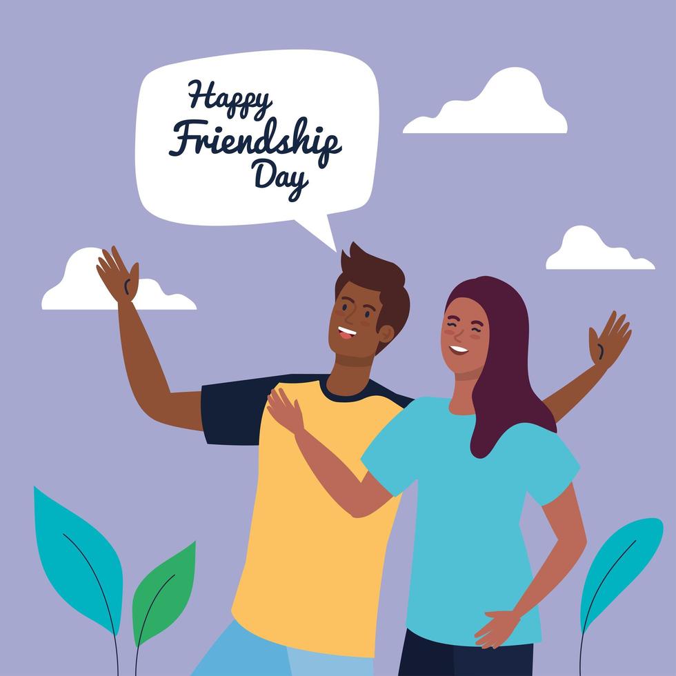 happy friendship day, young woman with man, friendship excitement, cheerful laughing from happiness vector