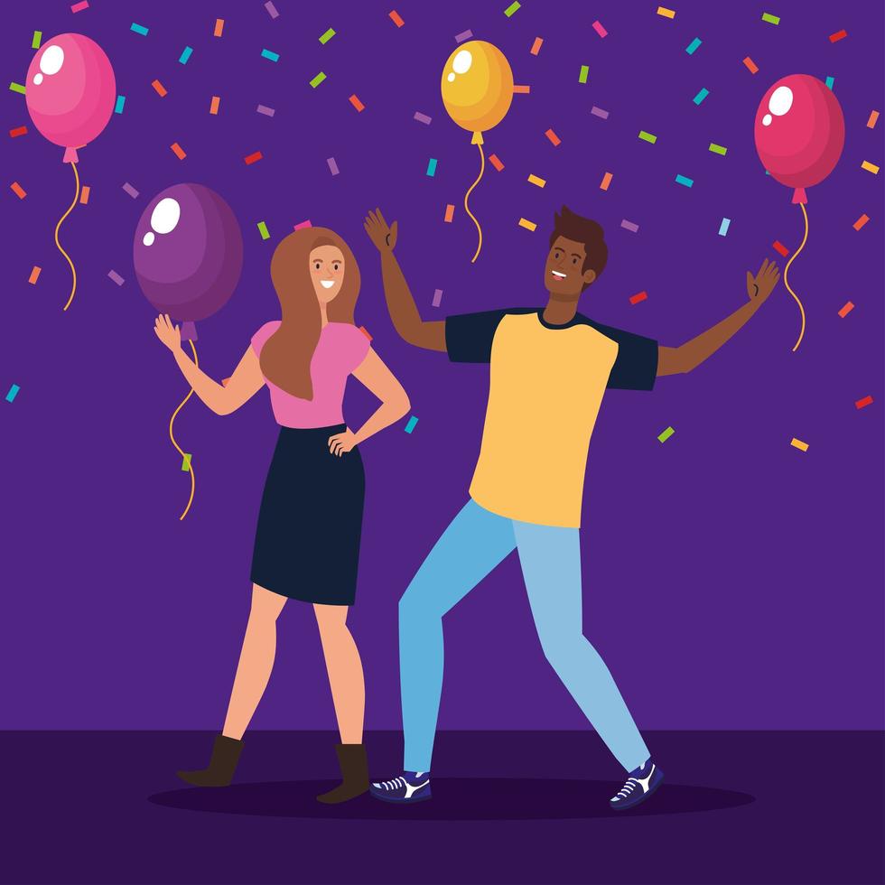 happy characters, young woman with man, friendship excitement, cheerful laughing from happiness in party celebration vector