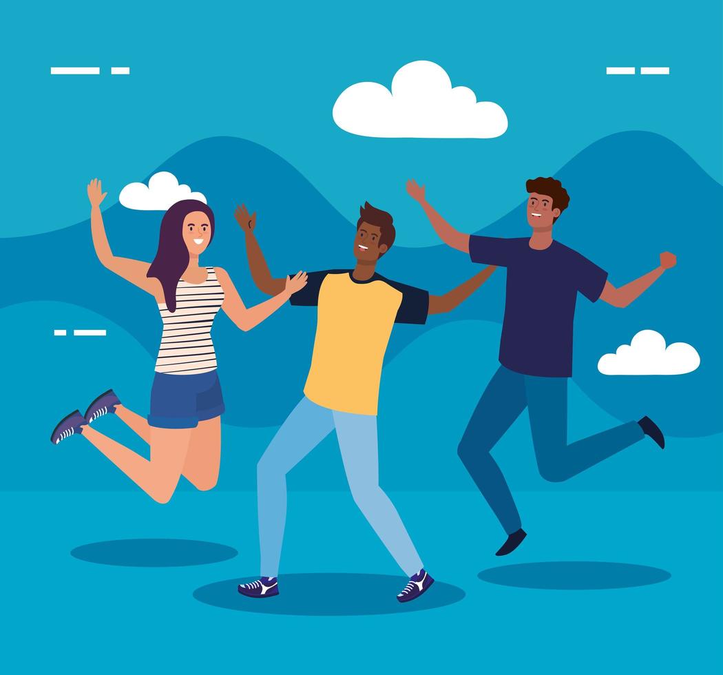 happy characters, young men with woman , friendship excitement, cheerful laughing from happiness vector