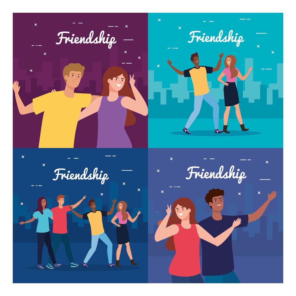 set scenes of happy characters, young people, friendship excitement, cheerful laughing from happiness vector