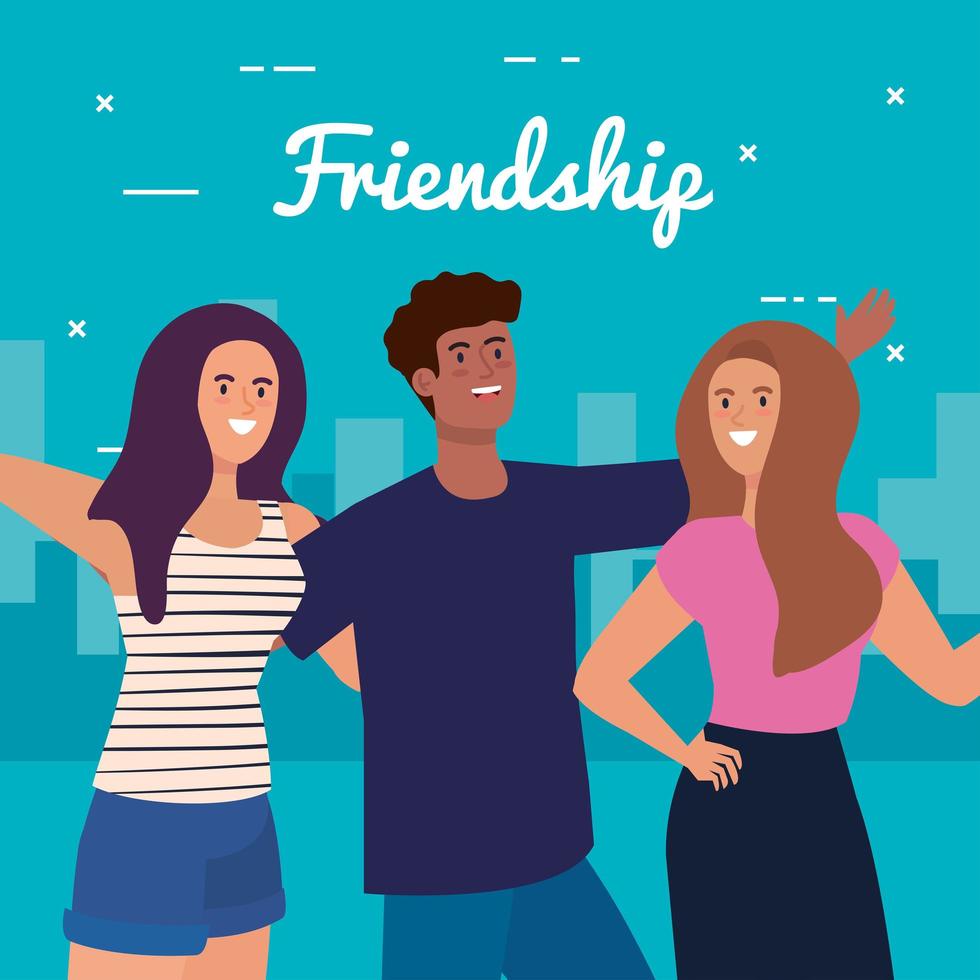 happy characters, young women with man, friendship excitement, cheerful laughing from happiness in cityscape vector