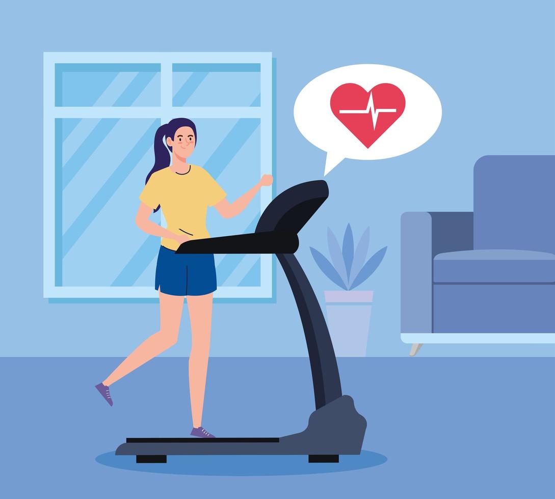 exercise at home, woman running on treadmill, using the house as a gym vector