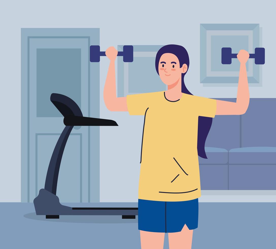 ejercicio en casa, mujer practicando deporte, usando la casa como gimnasio vector