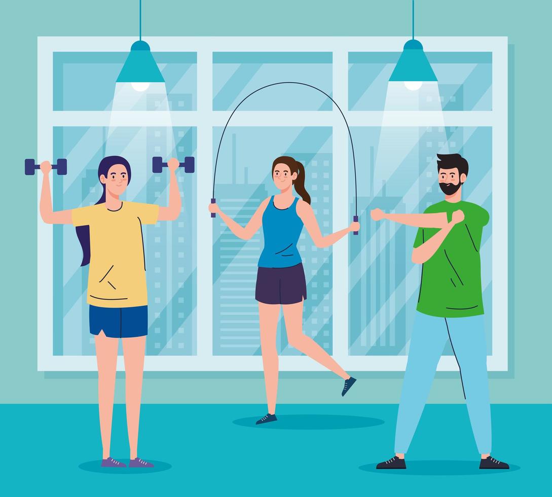 hacer ejercicio en casa, gente practicando deporte, usando la casa como gimnasio vector