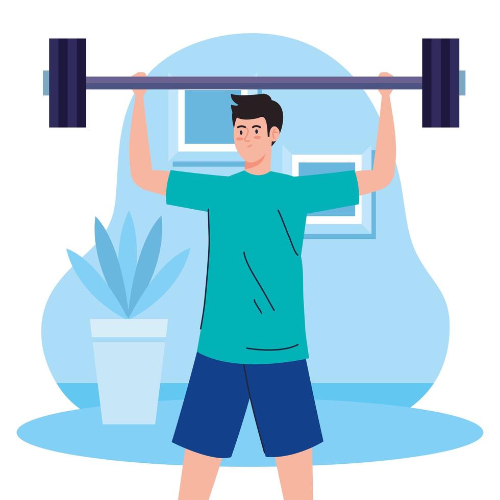 ejercicio en casa, hombre levantando peso, usando la casa como gimnasio vector