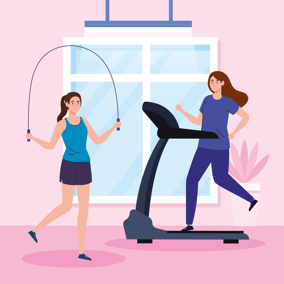 ejercicio en casa, mujeres practicando deporte, usando la casa como gimnasio vector