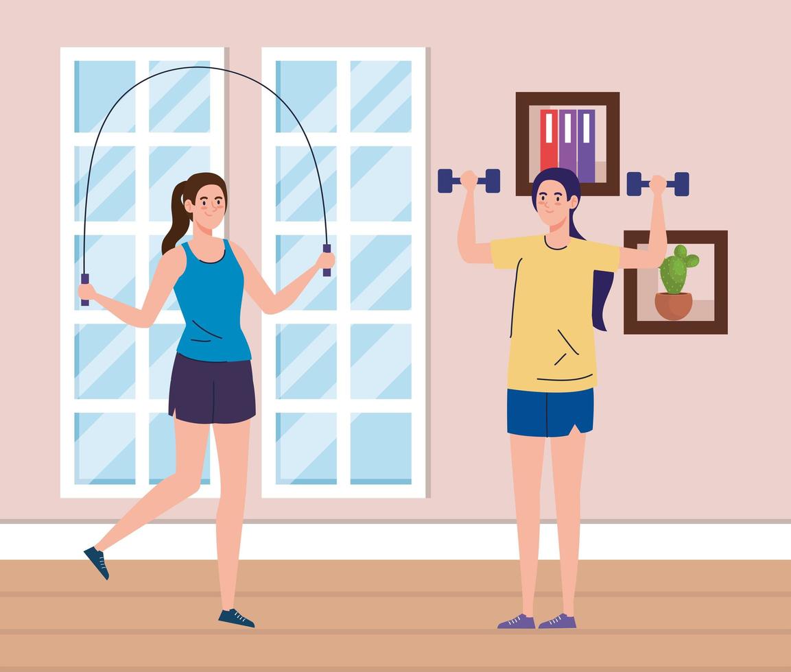 ejercicio en casa, mujeres levantando pesas y saltando cuerda, usando la casa como gimnasio vector