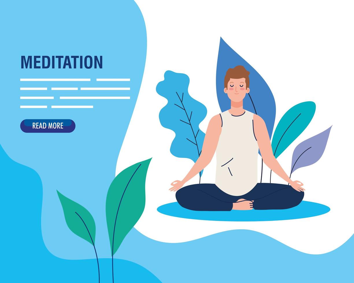 pancarta de hombre meditando, concepto de yoga, meditación, relajación, estilo de vida saludable en el paisaje vector