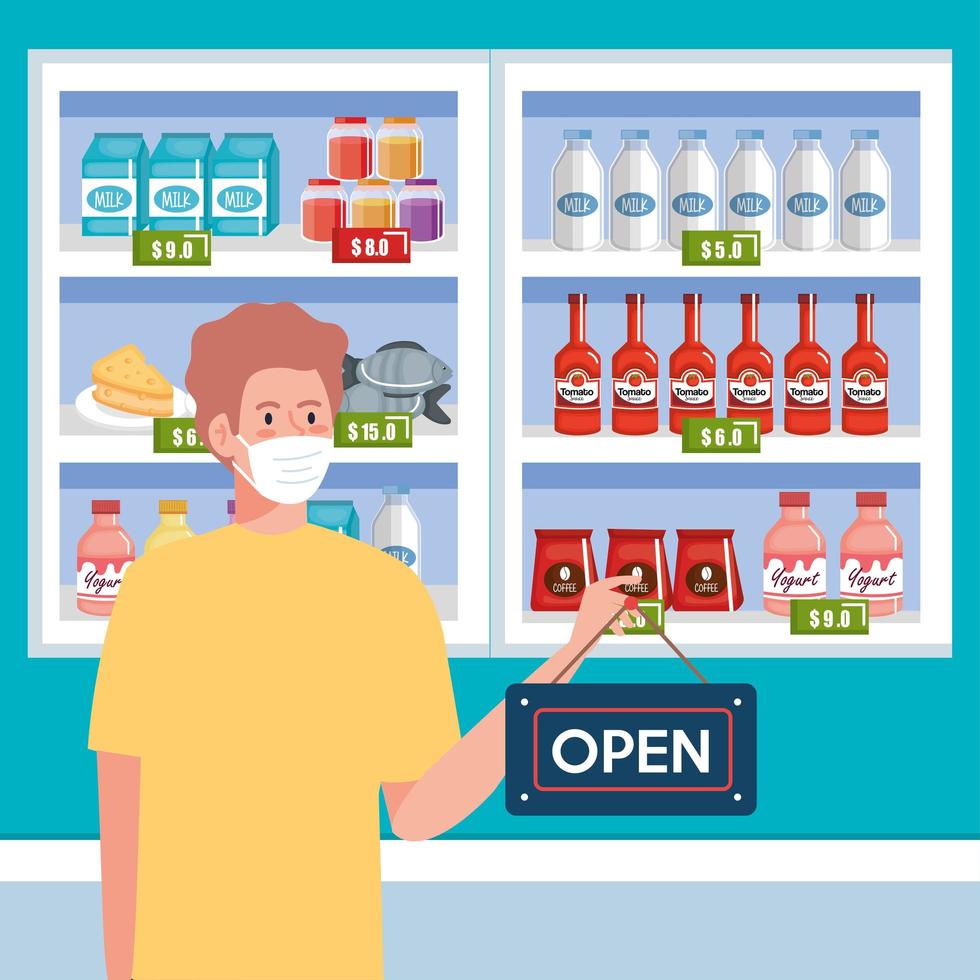 open again after quarantine, man with label of reopening of shop, we are open again, supermarket buy groceries vector