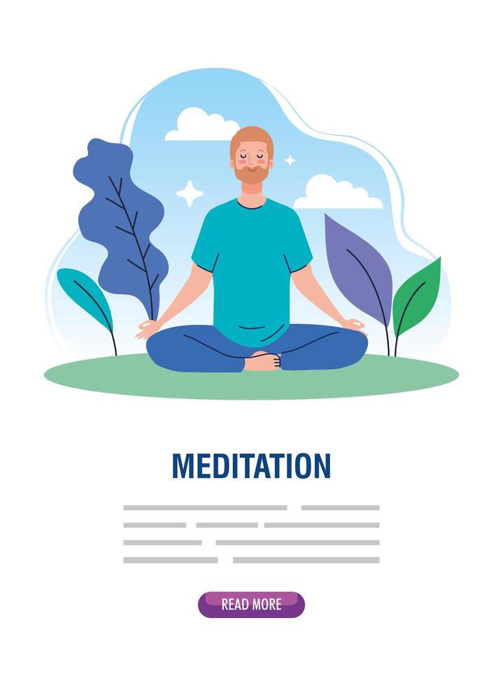 pancarta de hombre meditando, concepto de yoga, meditación, relajación, estilo de vida saludable en el paisaje vector