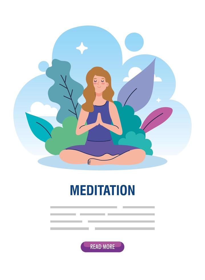 pancarta de mujer meditando, concepto de yoga, meditación, relajación, estilo de vida saludable en el paisaje vector