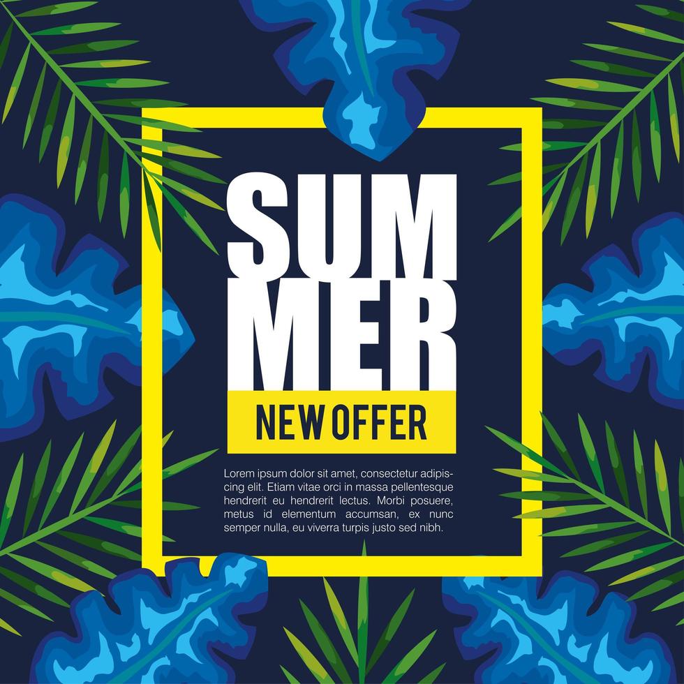 nueva oferta de venta de verano, pancarta con hojas tropicales, pancarta floral exótica vector