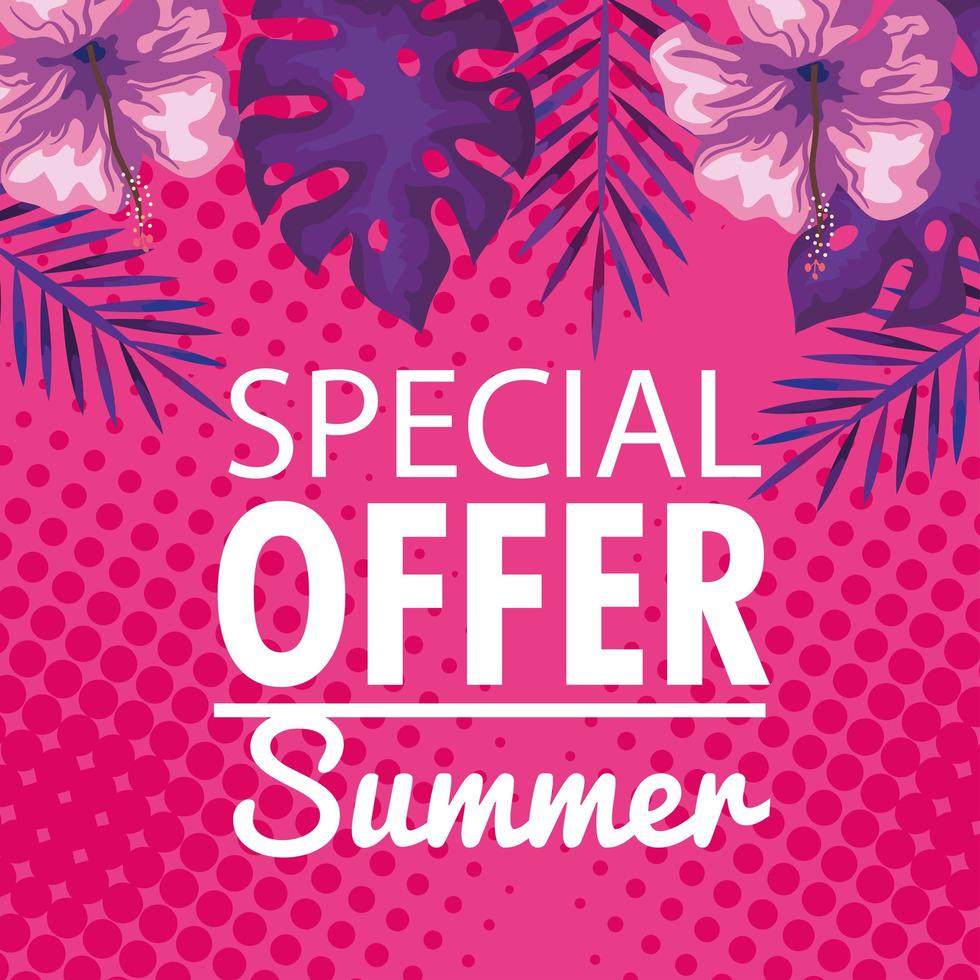 oferta especial verano, pancarta con flores y hojas tropicales, pancarta floral exótica vector