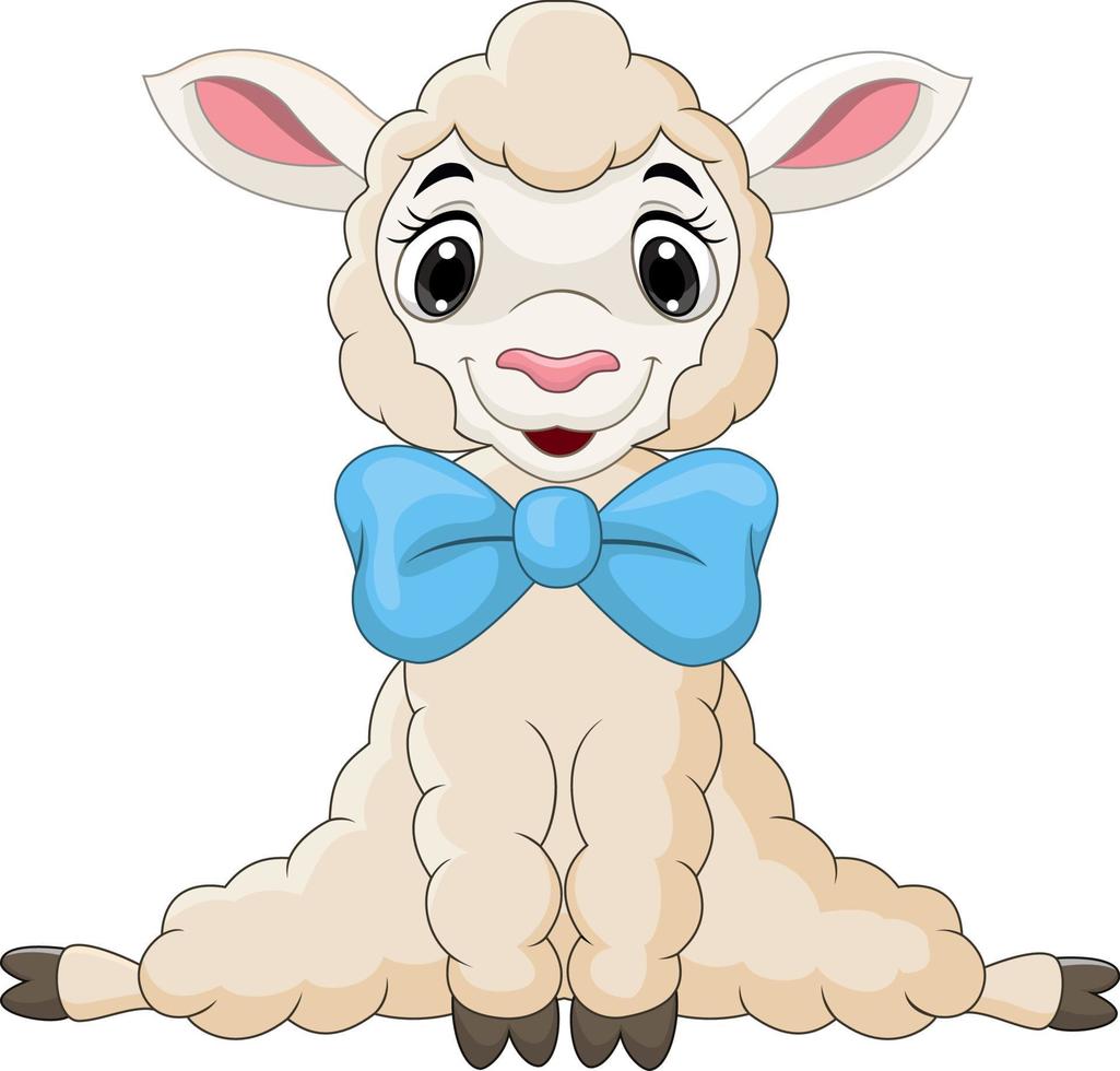 Cartoon baby lamb sitting with blue bow vector