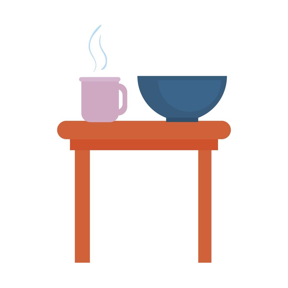 cuenco de cerámica con taza de café con vapor, en mesa de madera, utensilios de cocina icono aislado vector