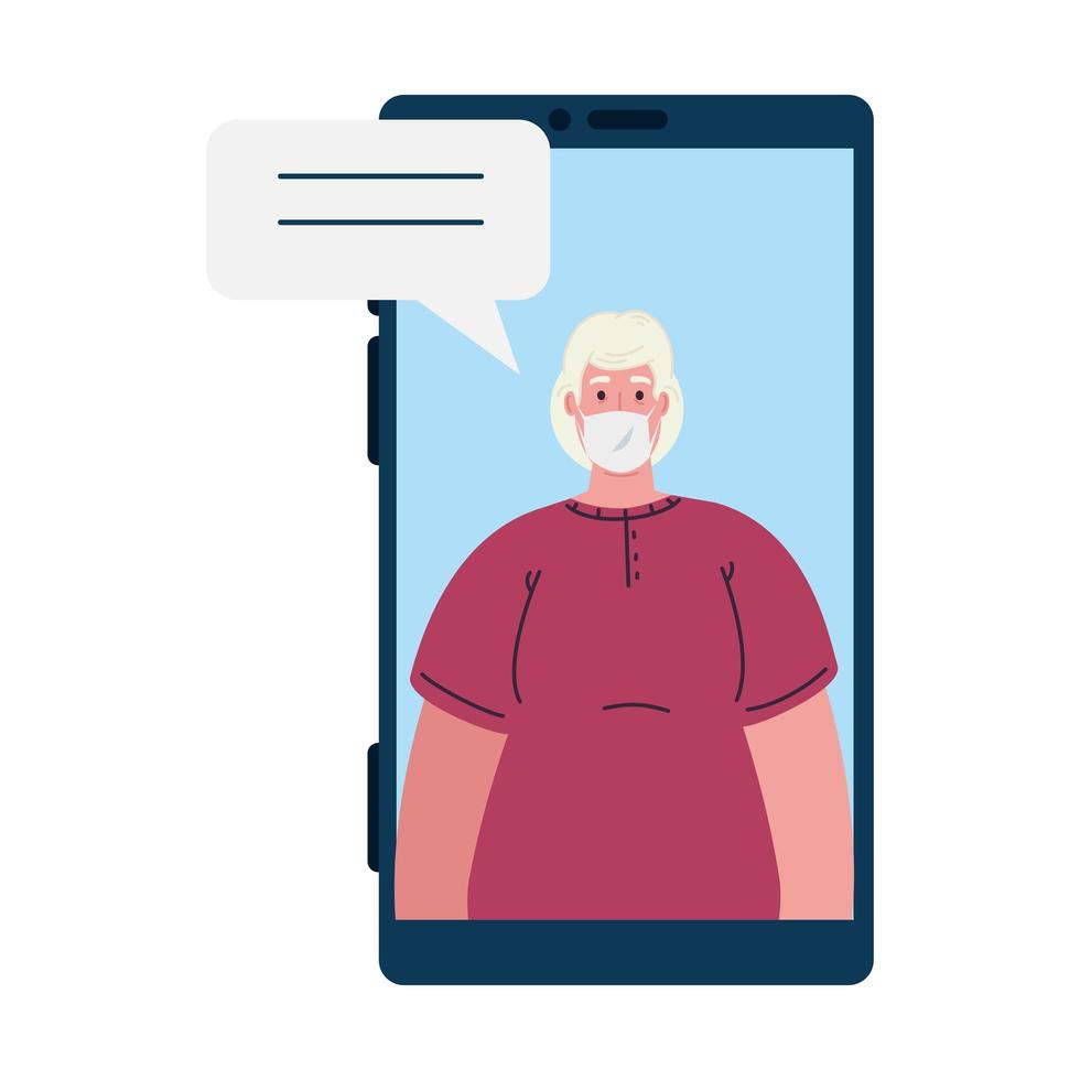 smartphone video call, old woman wearing medical mask, online during covid 19, conference video call vector